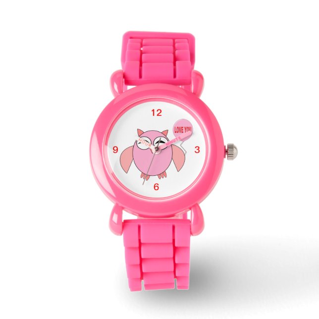 Cute Pink Love You Owl Glitter Watch (Front)