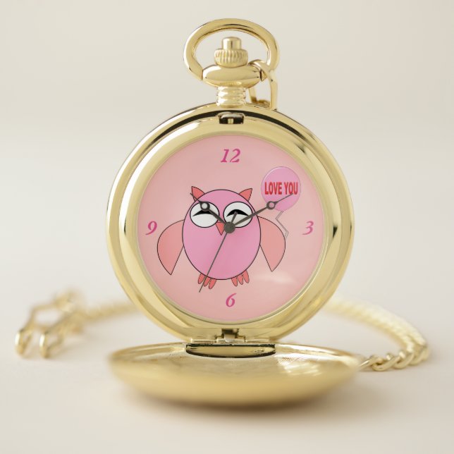 Cute Pink Love You Owl Pocket Watch (Inside)