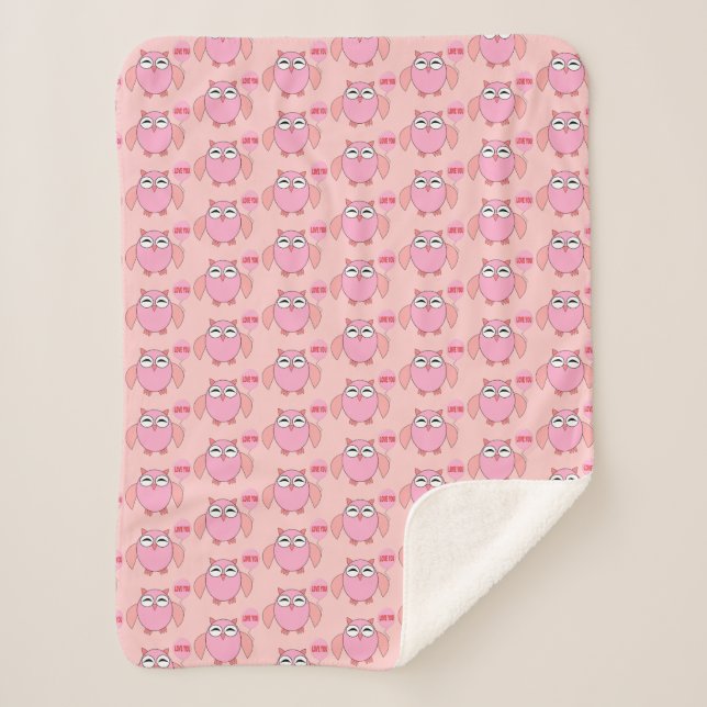 Cute Pink Love You Owl Sherpa Blanket (Front)