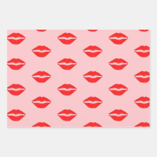 Cute Pink Luscious Red Lips Lipstick Pattern Wrapping Paper Sheets