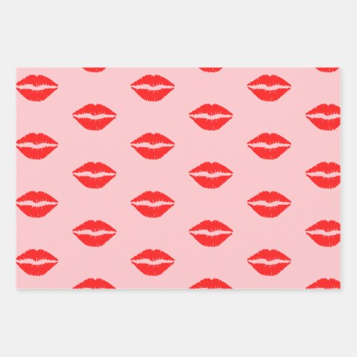 Cute Pink Luscious Red Lips Lipstick Pattern  Wrapping Paper Sheets
