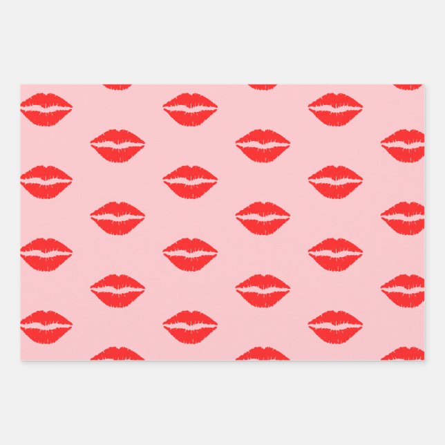 Cute Pink Luscious Red Lips Lipstick Pattern  Wrapping Paper Sheets (Front)