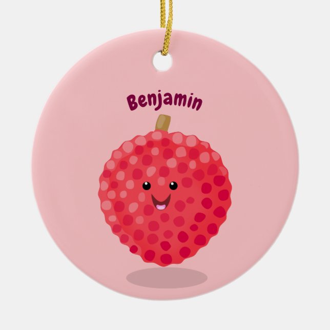 Cute pink lychee cartoon illustration ceramic ornament (Front)