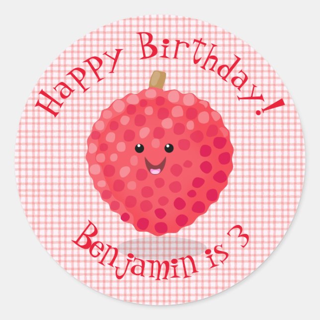 Cute pink lychee cartoon illustration classic round sticker (Front)