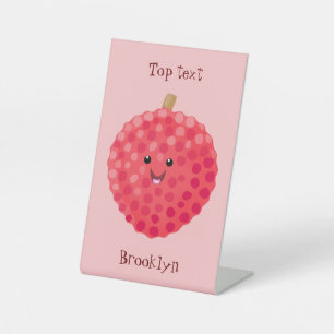 Cute pink lychee cartoon illustration pedestal sign