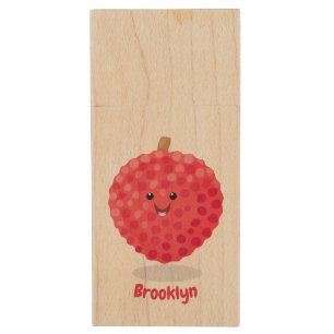 Cute pink lychee cartoon illustration wood flash drive
