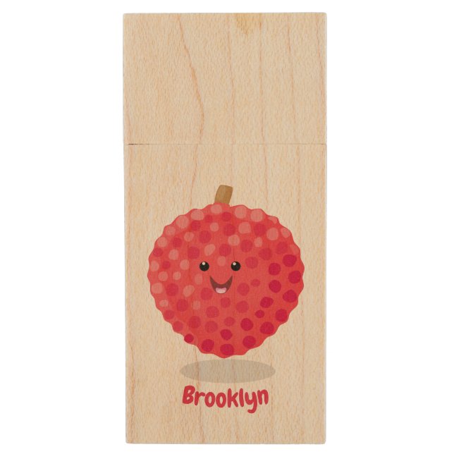 Cute pink lychee cartoon illustration wood flash drive (Front Vertical)