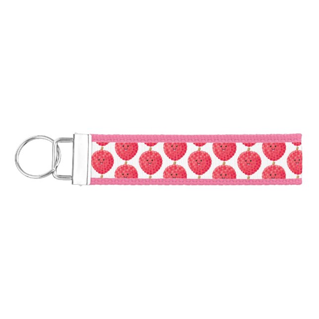 Cute pink lychee cartoon illustration wrist keychain (Keys on Left)