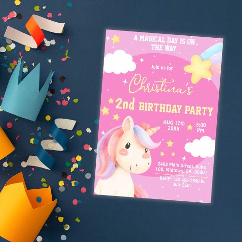 Cute pink magical modern unicorn star 2nd birthday invitation