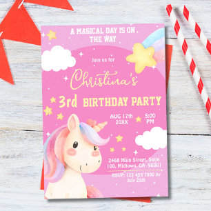 Cute pink magical modern unicorn star 3rd birthday invitation