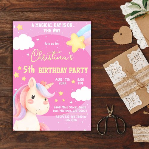 Cute pink magical modern unicorn star 5th birthday invitation