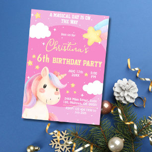 Cute pink magical modern unicorn star 6th birthday invitation