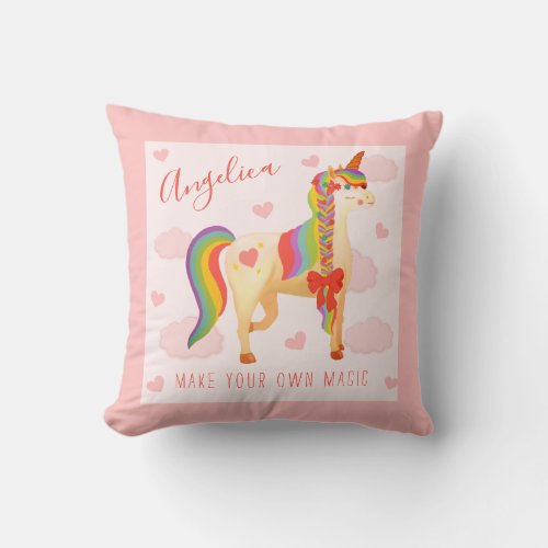Cute Pink Magical Rainbow Unicorn in Clouds Throw Pillow