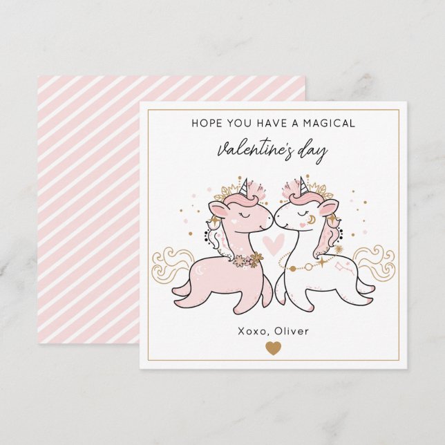 Cute Pink Magical Unicorn Kids Valentine's Day  Note Card (Front/Back)