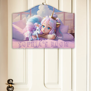 Cute Pink Magical Unicorn & Name Kids Door Sign
