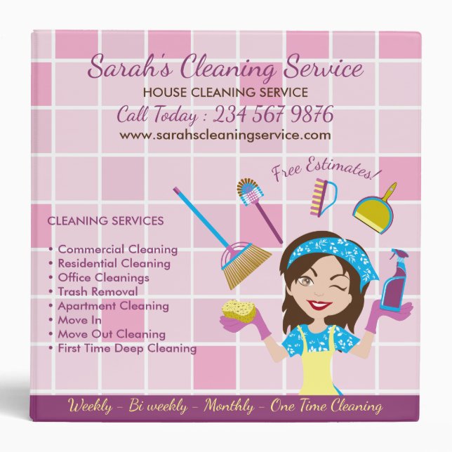 Cute Pink Maid Janitorial Lady House Cleaning 3 Ring Binder (Front)
