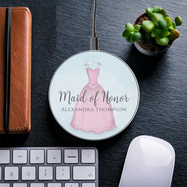 Cute Pink Maid of Honor Personalized  Wireless Charger (Cute Maid of Honor custom personalized phone charger. )