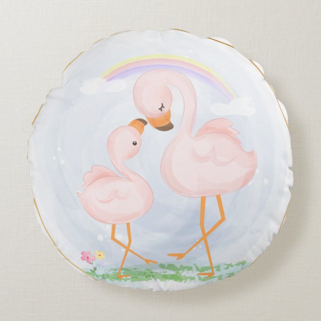 CUTE PINK MAMA AND BABY FLAMINGOS ROUND PILLOW (Front)