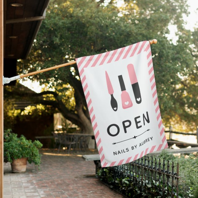 Cute Pink Manicurist Nail Artist Open House Flag (In SItu)