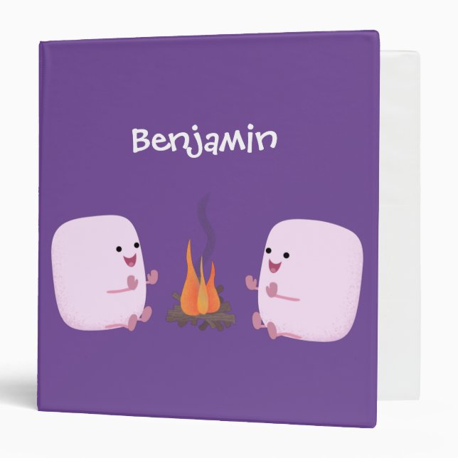 Cute pink marshmallows by camp fire cartoon 3 ring binder (Front/Inside)