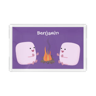 Cute pink marshmallows by camp fire cartoon acrylic tray