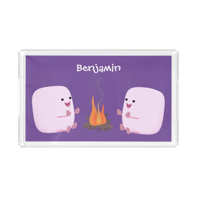 Cute pink marshmallows by camp fire cartoon acrylic tray (Front)