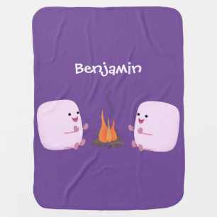 Cute pink marshmallows by camp fire cartoon baby blanket