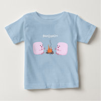 Cute pink marshmallows by camp fire cartoon