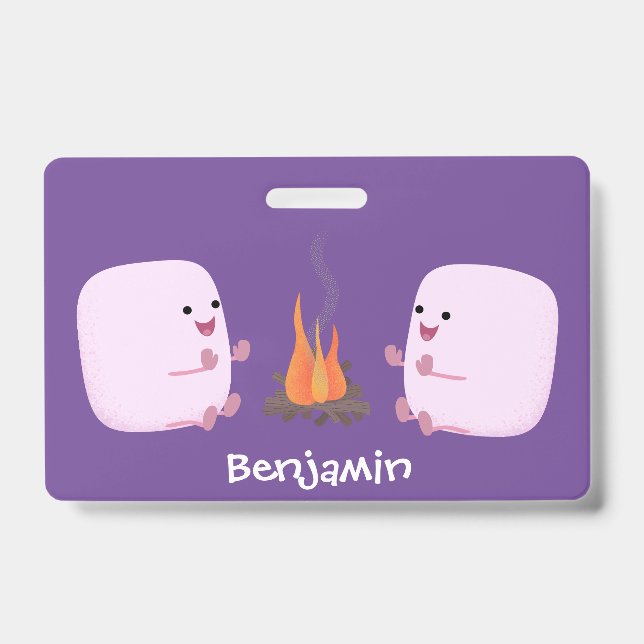 Cute pink marshmallows by camp fire cartoon badge (Front)