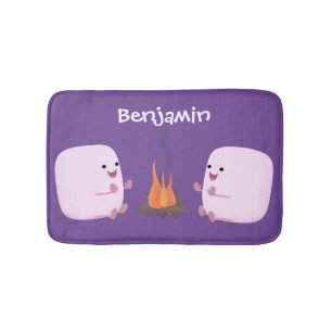 Cute pink marshmallows by camp fire cartoon bath mat