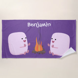 Cute pink marshmallows by camp fire cartoon beach towel