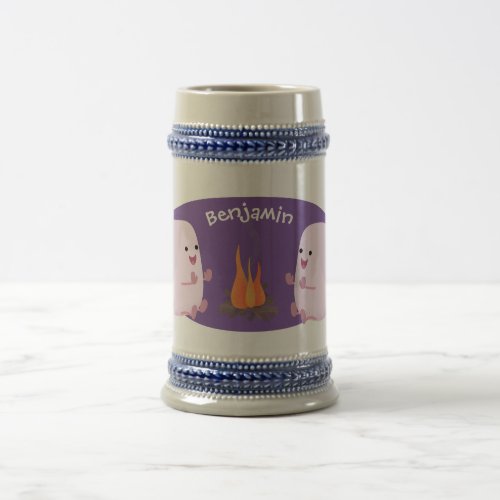 Cute pink marshmallows by camp fire cartoon beer stein