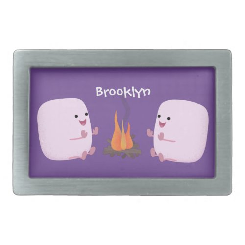 Cute pink marshmallows by camp fire cartoon belt buckle