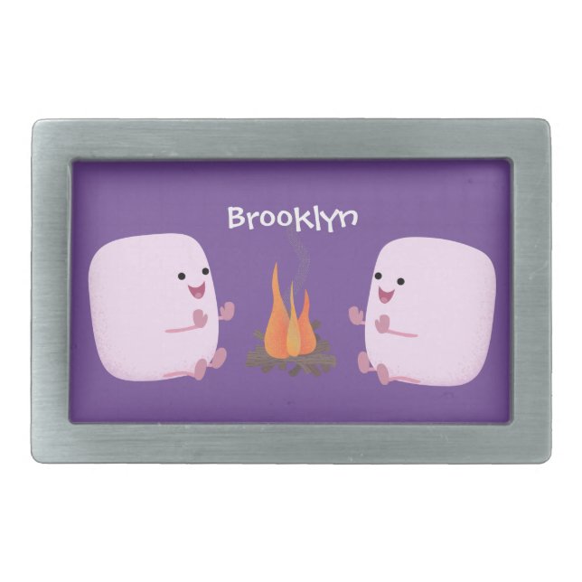 Cute pink marshmallows by camp fire cartoon belt buckle (Front)