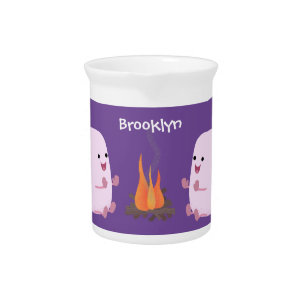 Cute pink marshmallows by camp fire cartoon beverage pitcher
