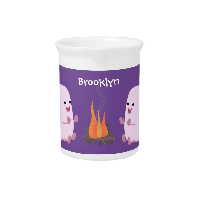 Cute pink marshmallows by camp fire cartoon beverage pitcher (Front)
