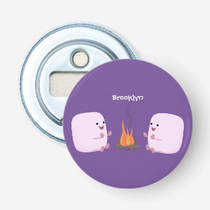 Cute pink marshmallows by camp fire cartoon bottle opener