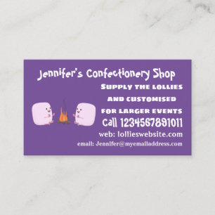Cute pink marshmallows by camp fire cartoon business card
