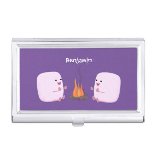 Cute pink marshmallows by camp fire cartoon business card case