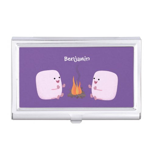 Cute pink marshmallows by camp fire cartoon business card case