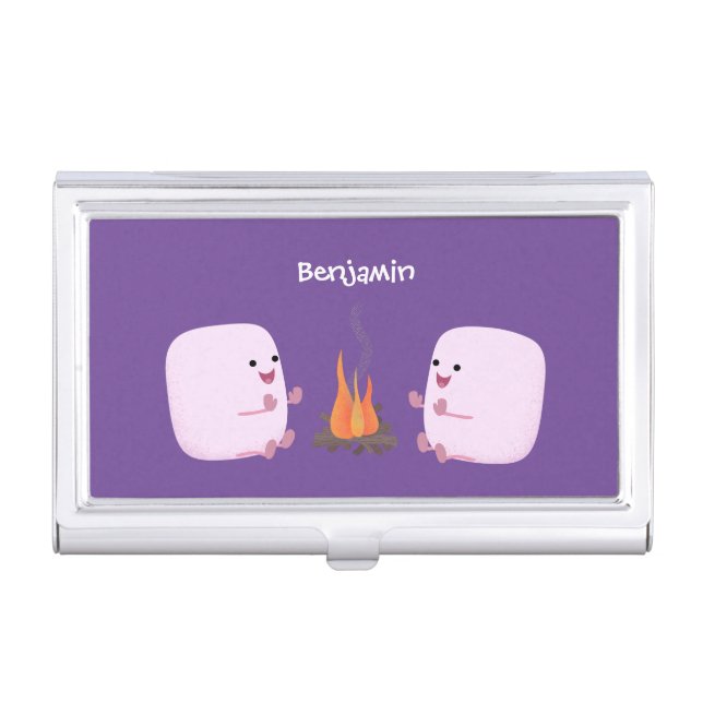 Cute pink marshmallows by camp fire cartoon business card case (Front)