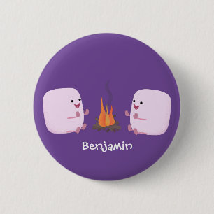Cute pink marshmallows by camp fire cartoon button