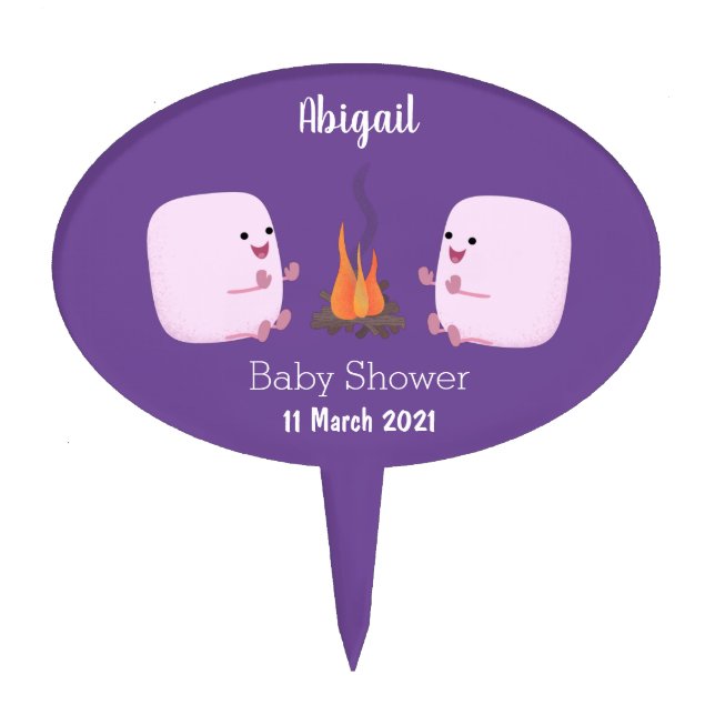 Cute pink marshmallows by camp fire cartoon cake topper (Front)