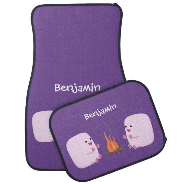 Cute pink marshmallows by camp fire cartoon car floor mat (Set)