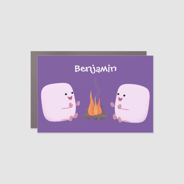 Cute pink marshmallows by camp fire cartoon car magnet (Front)