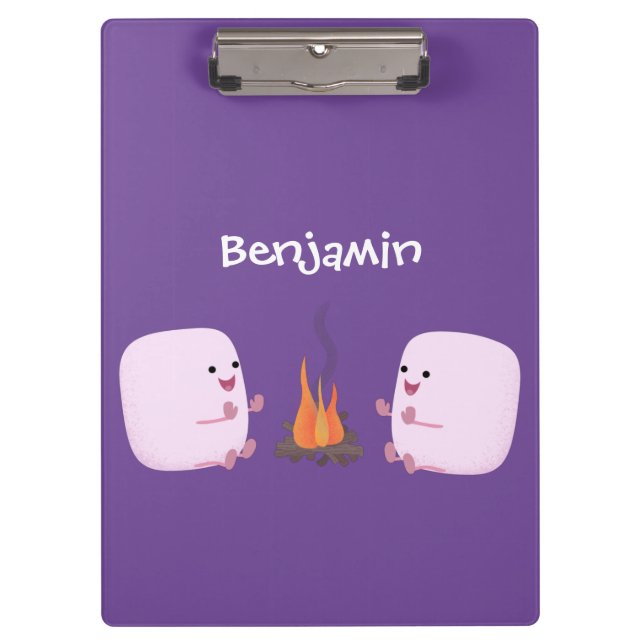 Cute pink marshmallows by camp fire cartoon clipboard (Front)