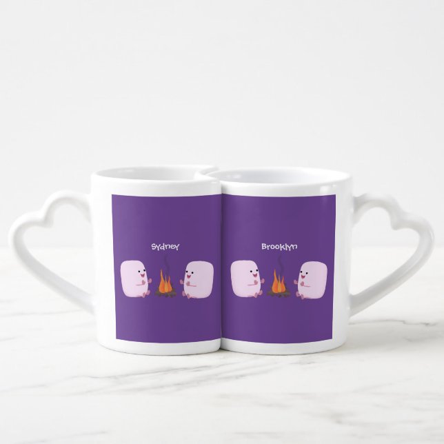 Cute pink marshmallows by camp fire cartoon coffee mug set (Back Nesting)