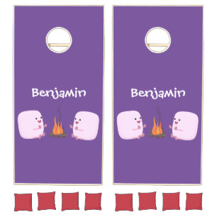Cute pink marshmallows by camp fire cartoon cornhole set