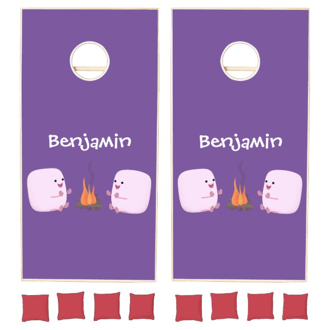 Cute pink marshmallows by camp fire cartoon cornhole set (Set)