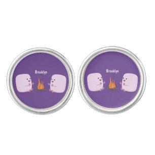 Cute pink marshmallows by camp fire cartoon cufflinks